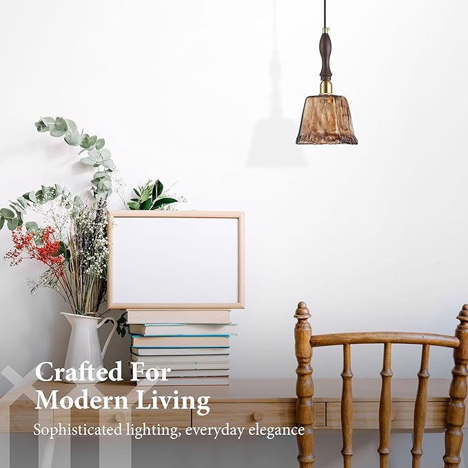 Modern Amber Glass Pendant Light, 4.33"x9.8" Hanging Fixture with Golden Wood Handle & Brass Cap, 15"-72" Adjustable Line, E26 Socket – Golden Amber Square