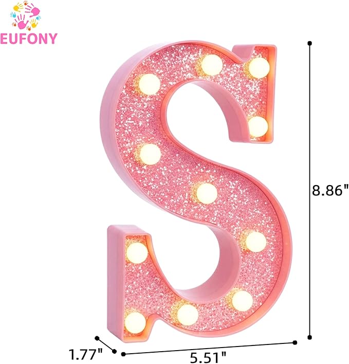 Pink Marquee Light Up Letters, Glitter Alphabet LED Letter Lights for Pink Birthday Party Decorations, Battery Operated Letter Sign for Girls Room Vanity Table Decor, Warm White Lights Letter S