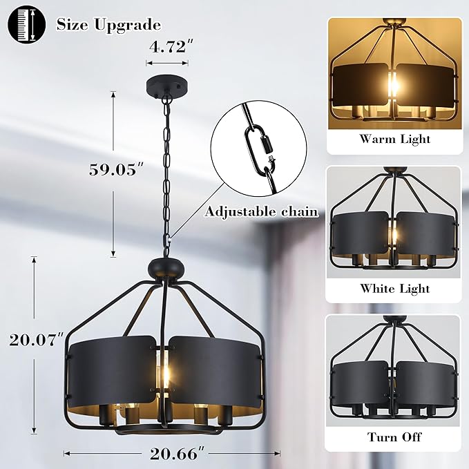 21'' Black Farmhouse Chandeliers for Dining Room, Vintage Industrial Large Drum Chandelier, Rustic Round Coastal Pendant Light Fixtures Adjustable Hanging for Kitchen Island Foyer Hallway - 5 Light