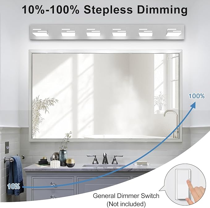 LED Modern Bathroom Vanity Light Fixtures, 6-Light 40-inch Dimmable Chrome Vanity Lights for Bathroom Lighting Fixtures Over Mirror, with 360° Rotatable Heads (Cool White 6000K)