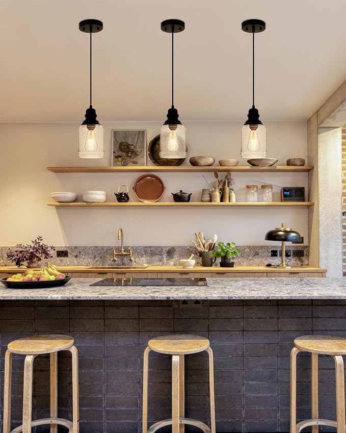 WILON Modern Glass Pendant Lights for Kitchen Island, 6.29" Mini Pandent Light Fixture with Seeded Glass Shade Black Farmhouse Pendant Lights E26 Base Hanging Kitchen Lights for Sink Dinging Room