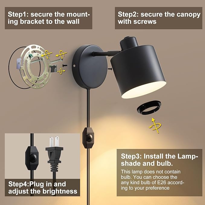 LIGHTESS Plug in Wall Sconces Set of 2 with Switch, 350° Rotatable Dimmable Corded Wall Sconce, Black Wall Lamps for Bedroom Living Room Hallway Kitchen Bedside (Bulb Not Included)