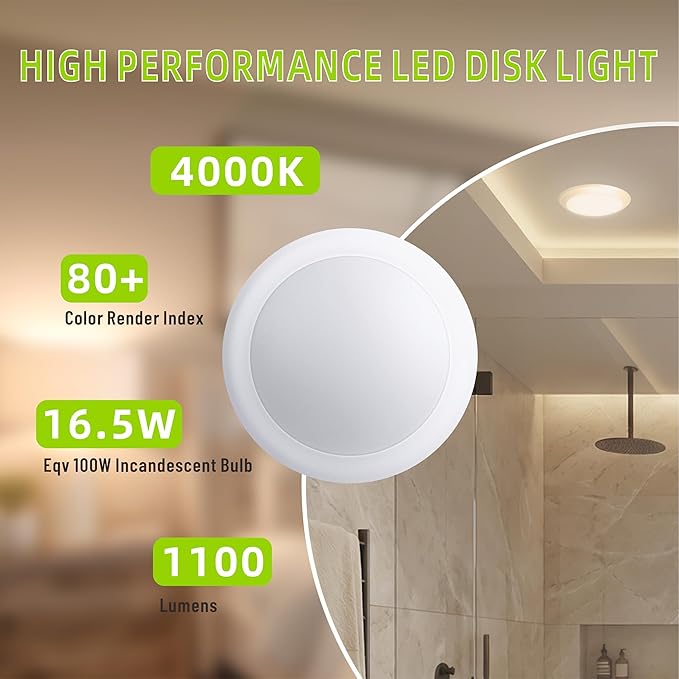 6 Inch LED Disk Light, 16.5W Dimmable Flush Mount Ceiling Light, 4000K Cool White, 1100LM,Damp Rated for Kitchen,Bathroom,Garage, ETL & FCC Certified, 6 Pack