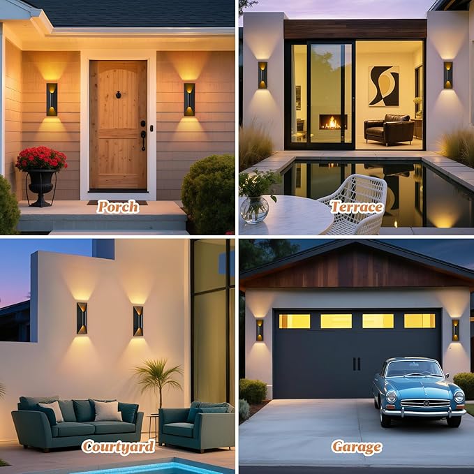 Outdoor Wall Light Fixture, 15" Up and Down Waterproof Porch Wall Sconce, Replaceable Bulb, 3000K LED, Modern Black Outside Lights for House, Front Door, Garage