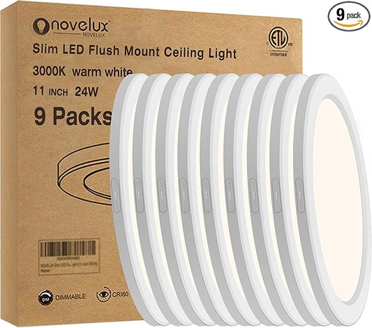 Flush Mount Ceiling Light Fixture - ETL Certified - 11 Inch Dimmable 3000K Warm White LED, 0.63'' Ultra Thin Round Design for Bedroom, Bathroom, Kitchen, Hallway, Basement, Closet (9-Pack)‌