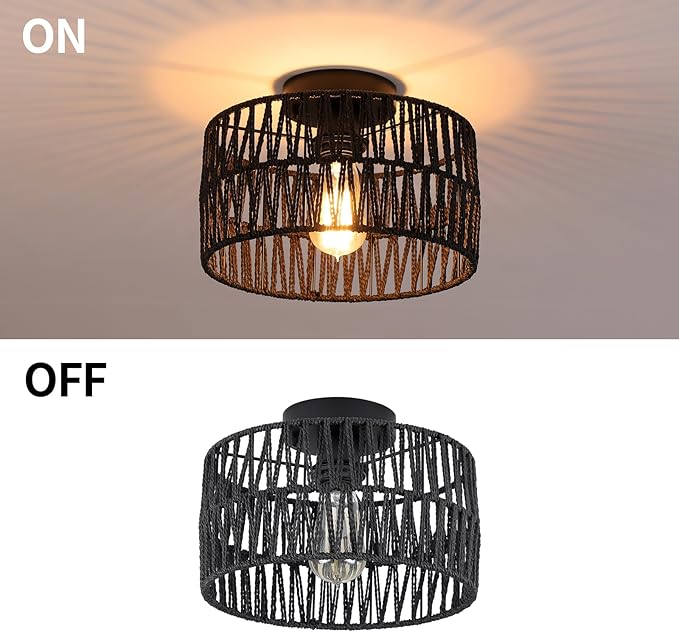 Coastal Black Woven Flush Mount Light Fixture Rustic Industrial Hemp Rope Round Flush Mount Ceiling Light for Hallway Bedroom Farmhouse Kitchen Entryway Hall, Black