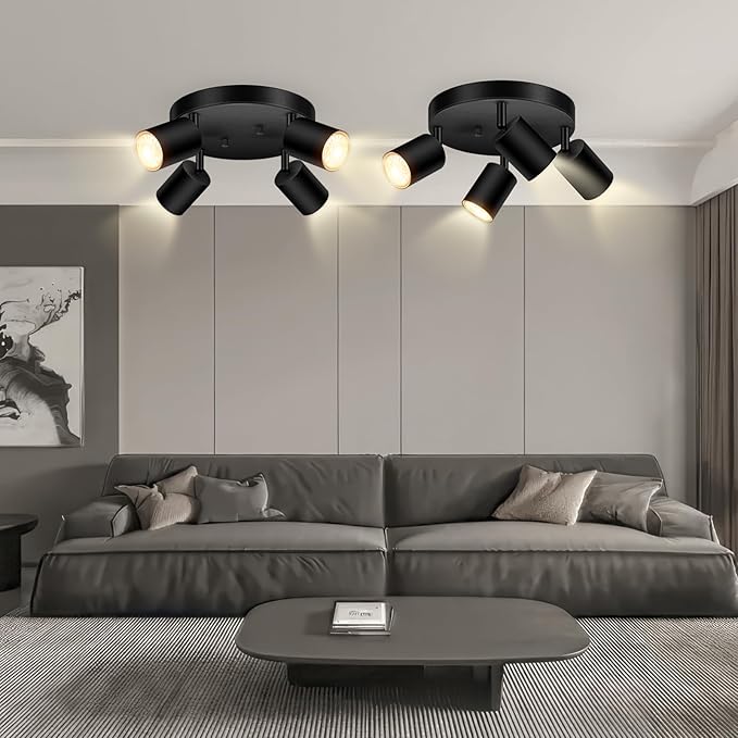 4 Light Track Lighting Fixtures Ceiling, Matte Black Round Directional Ceiling Spotlight, GU10 Flush Mount Track Fixture, Adjustable Modern LED Track Lights for Kitchen/Living Room, Bulb Not Included