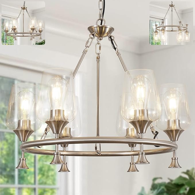 25" Farmhouse Chandelier, 6-Light Brushed Nickel Chandeliers for Dining Room Light Fixtures Over Table, Modern Industrial Hanging Lighting with Clear Glass Shade for Living Room, Kitchen Island, Foyer