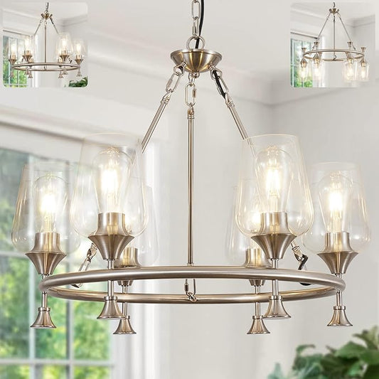 25" Farmhouse Chandelier, 6-Light Brushed Nickel Chandeliers for Dining Room Light Fixtures Over Table, Modern Industrial Hanging Lighting with Clear Glass Shade for Living Room, Kitchen Island, Foyer
