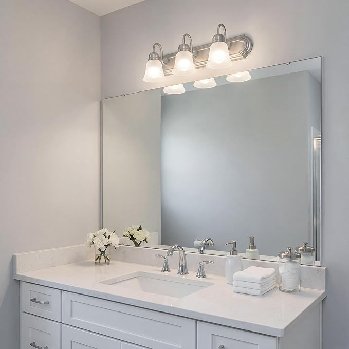 Kichler 24" 3-Light Vanity Bath Light in Brushed Nickel, Modern Bathroom Light with Clear Satin Etched Glass, (24" W x 8" H), 5337NIS