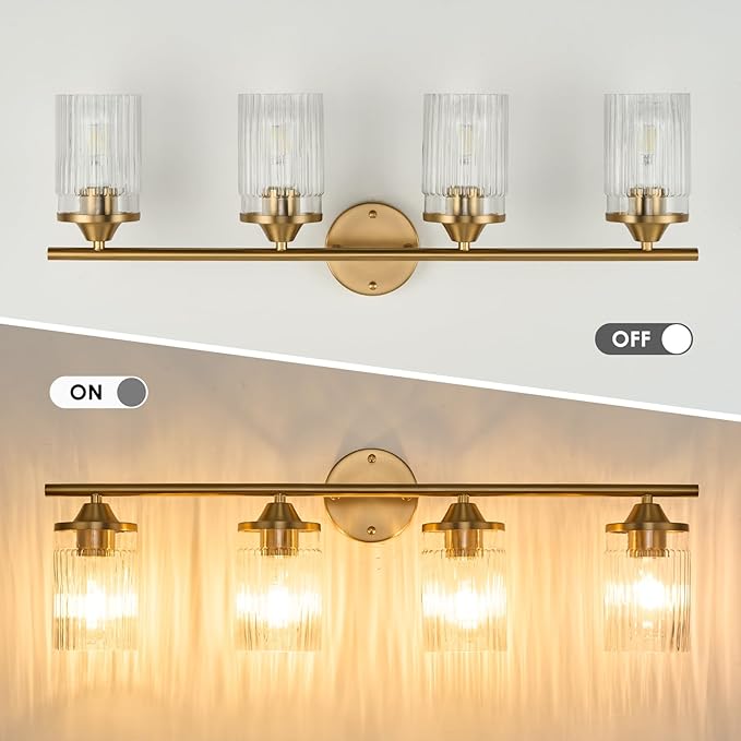 Jonsi Gold Bathroom Light Fixtures 4-Light Vanity Lights Modern Wall Sconce with Clear Glass Shade Brushed Brass Bathroom Light Fixture Over Mirror for Bedroom Hallway Kitchen