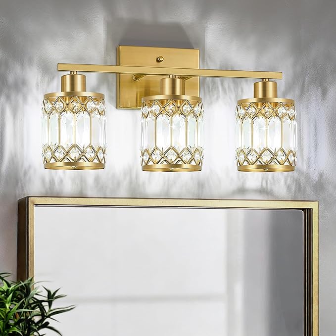 Crystal Modern Bathroom Light Fixtures, 3-Light Brushed Gold Bathroom Vanity Wall Light, Vanity Lights for Mirror, Restroom, Bedroom (E26 Socket, Bulbs Not Included)