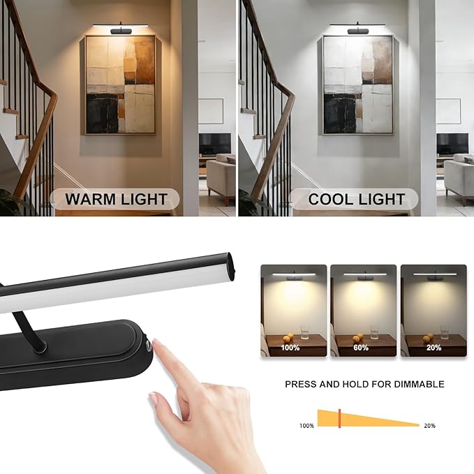 RAIFOOLLY Picture Light, Art Light for Paintings, 5000mAhBattery Operated Wall Light, Remote Accent Light with Timer and Dimmable for Frame, Portrait, Dartboard - Black 2PK