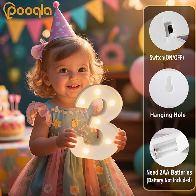 Pooqla Decorative LED Light Up Number Letters, White Plastic Marquee Lights Sign Party Wedding Decor, Battery Operated (3)