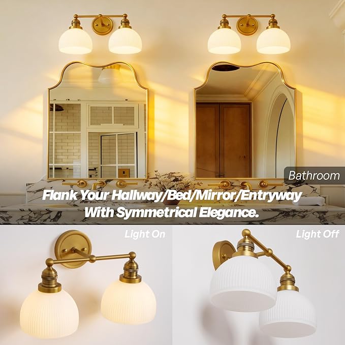 2-Light Gold Wall Sconces,Vintage Bathroom Wall Sconce Light with Milk Glass Double Arm Brass Bathroom Vanity Light for Living Room Bedroom Kitchen E26 Hardwire Indoor
