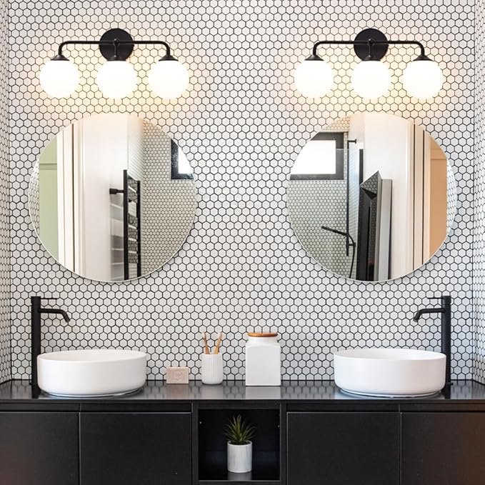 Black Bathroom 3-Lights Vanity Light Fixtures, Minimalist Vanity Lights with Milky White Glass Shade, Modern Wall Sconces over Mirror, Wall Lamp for Bathroom Dressing Table Bedroom Living Room