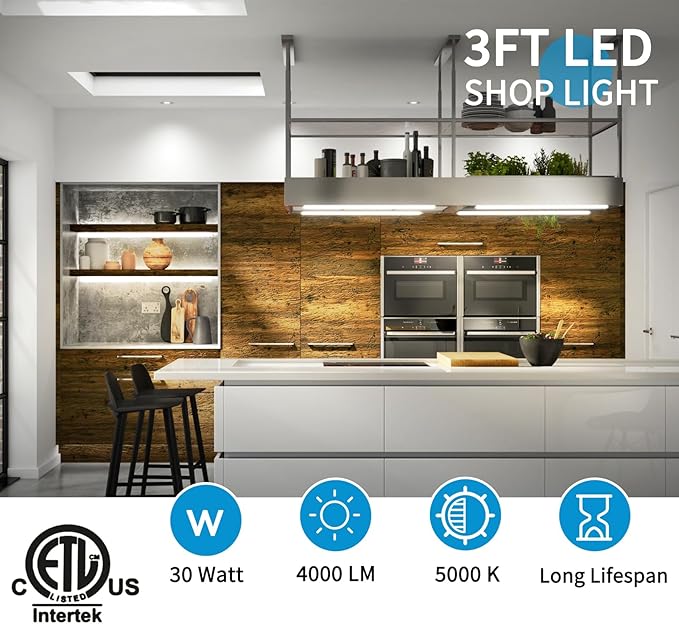 SHOPLED LED Shop Lights 3FT, 30W 4000LM 5000K Daylight White, V Shape Linkable T8 Ceiling Light Fixtures, 3 Foot LED Tube Light for Workshop, Workbench, ETL Listed, 2 Pack