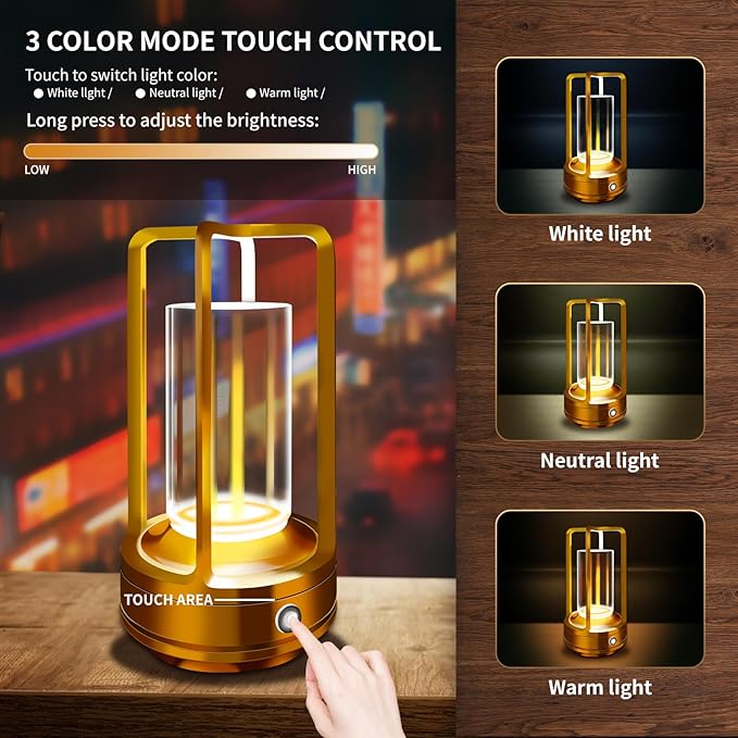 Outdoor Table Lamp, 4000mAh Rechargeable Battery Operated lamp, 3 Color Stepless Dimmable Cordless Table Lamp for Patio, Camping, Coffee Table, Crystal Lantern lamp for Indoor/Outdoor (Gold Set of 2)