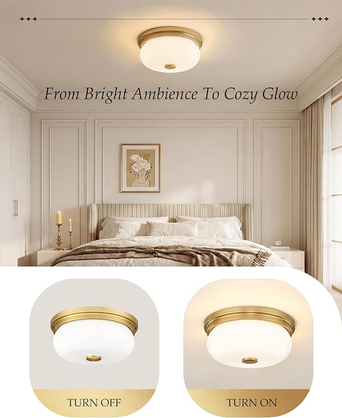 Gold Flush Mount Ceiling Light, HWH Modern Flush Mount Ceiling Light Fixtures with Milk White Glass, 12 Inch Indoor Ceiling Light for Hallway Corridor Kitchen, 5HJX109F BG-MW