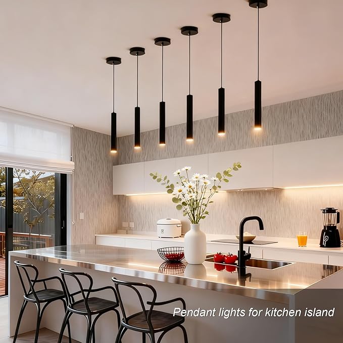 2 Pack Black Pendant Lights, Modern 3W LED Pendant Light Fixtures for Kitchen Island, Long Tube Hanging Light Cord Adjustable for Dining Table Bedroom Bar Hallway (23.6 Inch, 3000K)