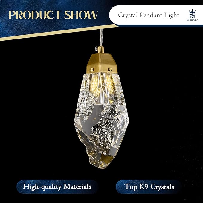 Gold Crystal Pendant Light, Modern Mini Hanging Ceiling Light with Prism K9 Crystals, LED Compatible Small Chandelier for Kitchen Island, Bathroom, Bedroom, Bar, Hallway, Foyer