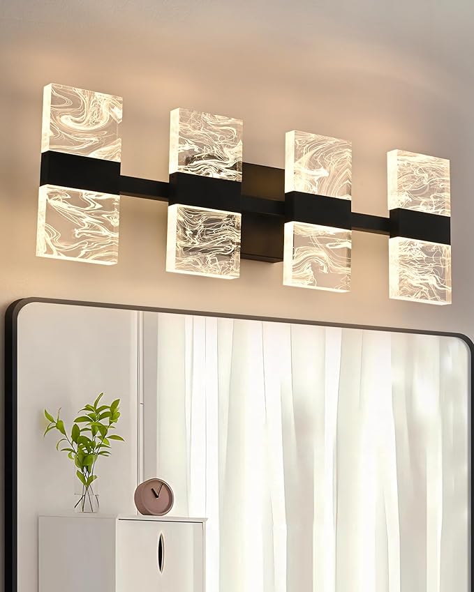 Black LED 3000K Bathroom Light Fixture, Modern 4-Lights Vanity Lighting with Smoke Acrylic Shades, Wall Lamp Over Mirror for Kitchen Bedroom Dress Table (Integrated Led Chips Included)