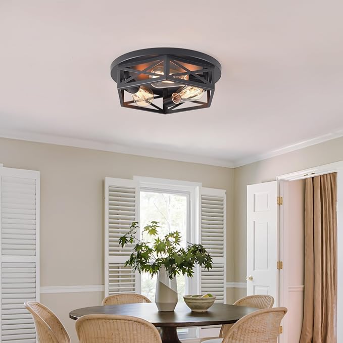 Black Flush Mount Ceiling Light,Hallway Light Ceiling Mount,Industrial Vintage Metal Cage Close to Ceiling Lights for Kitchen,Farmhouse,Bedroom