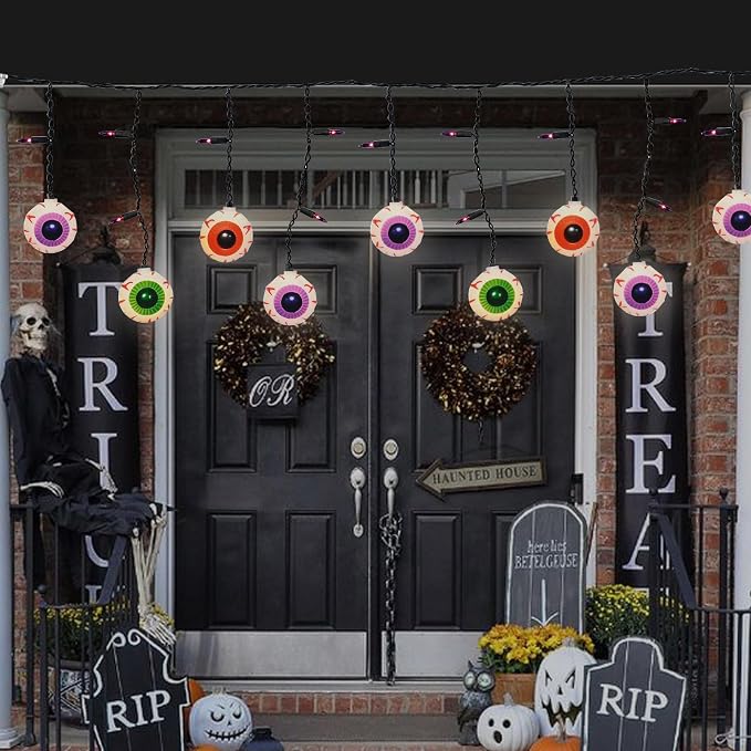Halloween Eyeball Curtain String Lights Plug in, 7FT Outdoor Halloween Decorations Lights with 10 LED Spooky Eyeball Lights & 15 Mini Purple Bulbs for Window Wall Party Haunted House Patio Decor
