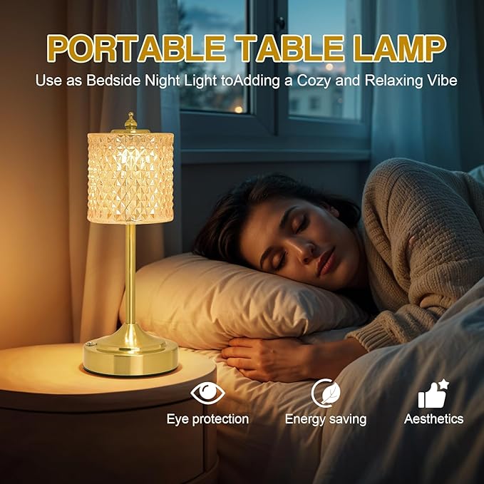 Cordless Crystal Table Lamp, 5200mAh Rechargeable Battery, 3 Color Dimmable Touch Control, Portable Vintage Gold Desk Lamp for Bedroom, Nightstand, Living Room, Home Decor (Amber)