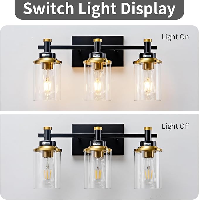 3 Light Bathroom Light Fixtures, Black and Brushed Gold Vanity Light Fixture Over Mirror, Modern Wall Sconces Lighting Wall Lamp for Bathroom, Bedroom, Hallway with Clear Glass Shade