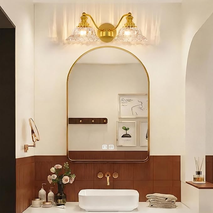 Espird 2 Lights Bathroom Vanity Light Fixtures, Vintage Brass Vanity Lights for Bathroom, Farmhouse Antique Light Fixtures Over Mirror with Crystal Glass Shade