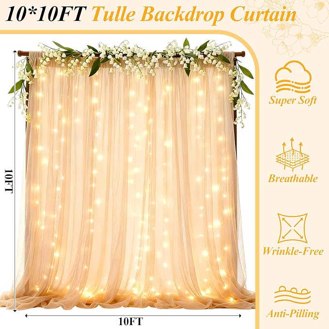 Ledido 2 Pack 10×10ft Champagne Tulle Backdrop Curtain with Light String - 600LED Fairy Light Sheer Curtain Backdrop for Wedding Baby Shower Photo Shoot Birthday Party Decor(4 Panels 5×10ft)，Champagne