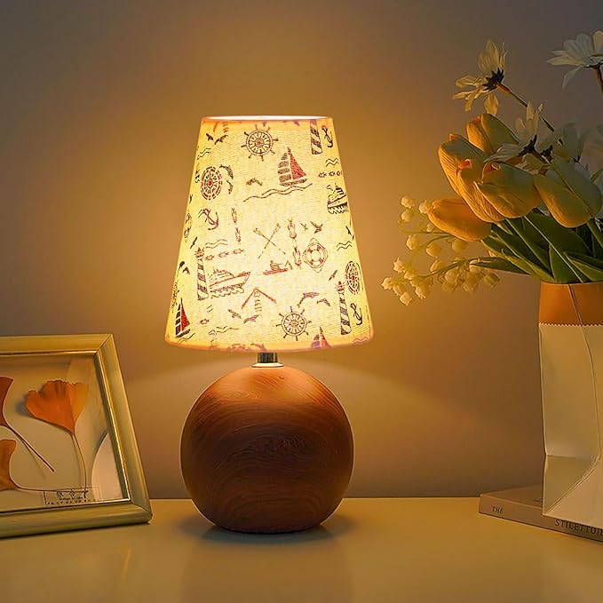 Vintage Wooden Base Fabric Table Lamp, Adjustable Light Color and Brightness with Power-Off Memory, Safe USB Powered, Retro Style LED Light for Bedroom Living Room Office (Voyage)