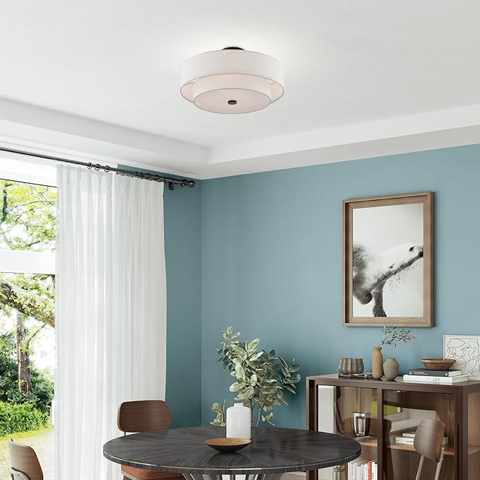 Livex Lighting 51085-92 4-Light Semi Flush Mount Ceiling Fixture with Oatmeal Color Fabric Hardback Drum Shade and Satin White Diffuser, English Bronze