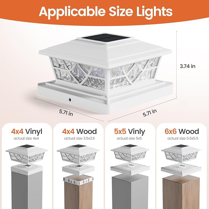 APONUO Fence Post Solar Lights 4 Pack - 5x5 Solar Post Cap Lights White for Vinyl Fence, IP64 Waterproof, Fits 4x4 5x5 6x6 Wood/Vinyl Posts, Auto On/Off, Deck, Patio, Porch & Yard (Warm/Cool White)
