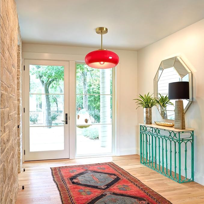 Hallway Ceiling Light Fixtures Glass Semi Flush Mount Ceiling Light with Red Dome Shade, Mid Century Modern Semi Flush Mount Lamp for Bedroom Dining Room Gold Brass Lights Fixture