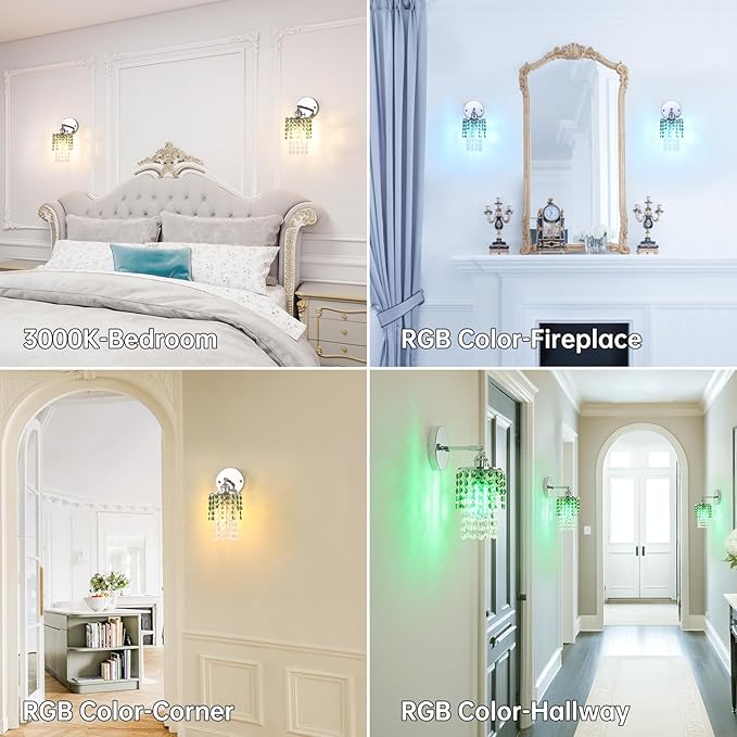 Shenmoyl Set of 2 Crystal Battery Operated Wall Sconce,Rechargeable Wall Lamp with 5400mAh Battery & Remote Control, Modern Dimmable Wireless Wall Lights for Bedroom Bathroom (Green, Silver Base)