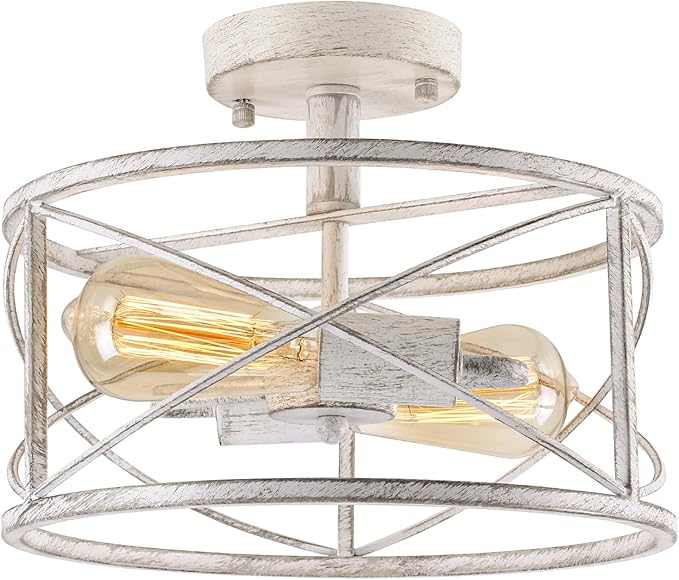 White Semi Flush Ceiling Light Fixture, 2-Light Farmhouse Flush Mount Light Fixtures, Modern Industrial Metal Cage Pendant Lighting for Hallway, Bedroom, Kitchen, Foyer, Living Room, Dining Room