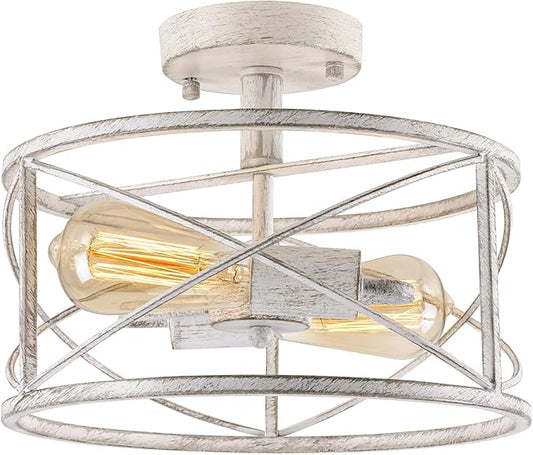 White Semi Flush Ceiling Light Fixture, 2-Light Farmhouse Flush Mount Light Fixtures, Modern Industrial Metal Cage Pendant Lighting for Hallway, Bedroom, Kitchen, Foyer, Living Room, Dining Room