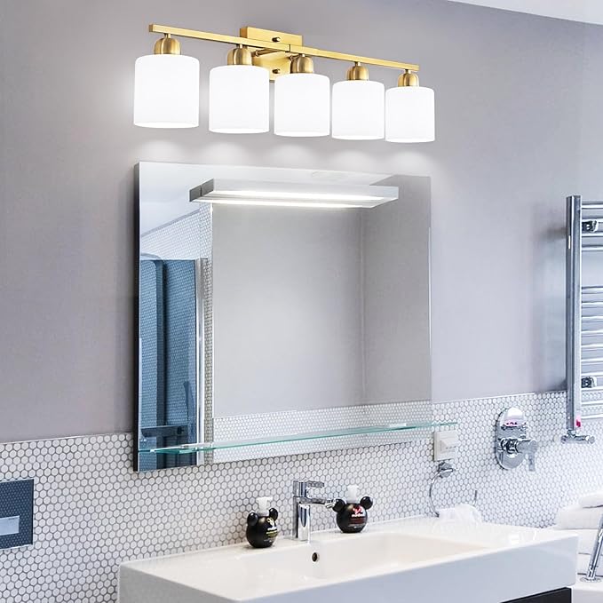 Bath Vanity Lights for Mirror, Restroom Lights Fixtures with Milky White Frosted Glass Shades,Bathroom Over Sink Light Fixtures, Bathroom Light Fixtures Over Mirror (Gold, 5-Light)