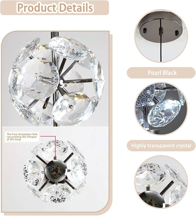 ykolupty Pendant Lights Kitchen Island Crystal Globe Chandelier LED Black Island Light Crystal Pendant Light for Dining Foyer Entrance