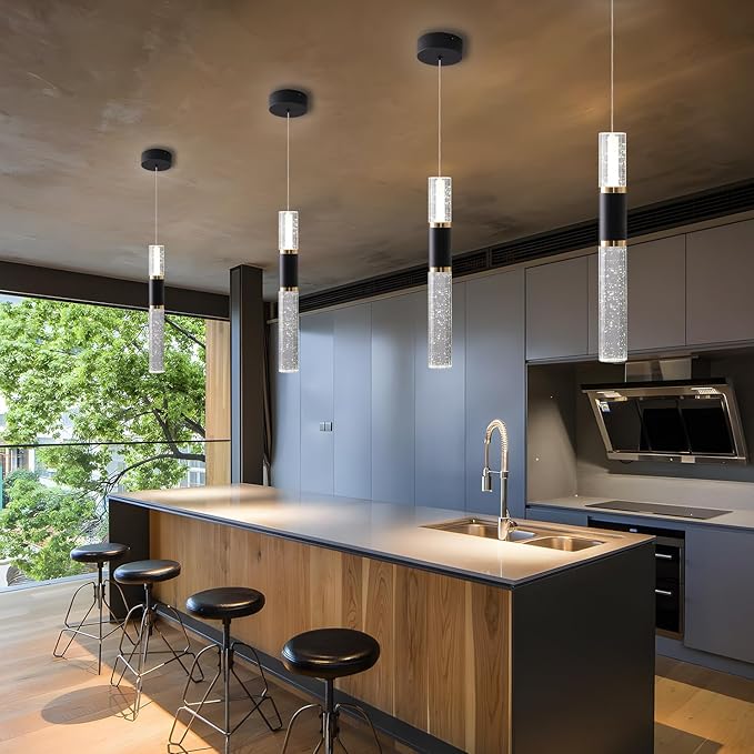 Modern Pendant Light Fixture, Black and Gold Kitchen Island Lighting for Dining Room Light Fixture Luxury Modern Led Pendant Light for Kitchen Island with Bubble Crystal Over Table