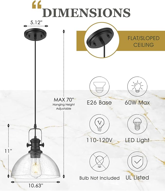2-Pack Black Pendant Lights Kitchen Island, 10.5" Farmhouse Pendant Lighting with Clear Seeded Glass Shade, Vintage Hanging Light Fixtures for Dining Room, AD-22151-1P2L-BK