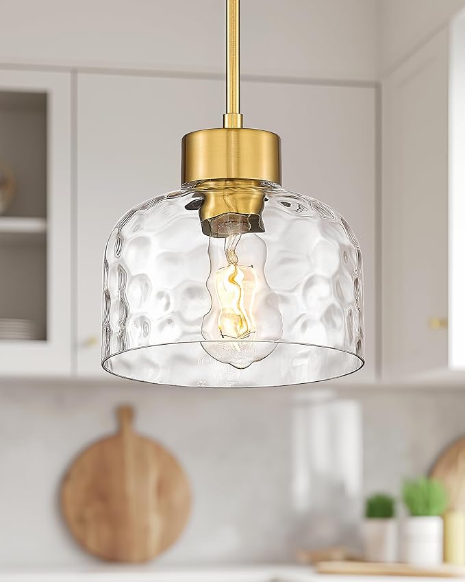 Gold Pendant Lights Kitchen Island, 8" Hanging Light Fixtures with Hand-Blown Hammered Clear Glass, Modern Brass Kitchen Pendant Lighting Over Island for Dining Room, AD-24024-1PL-GD-H