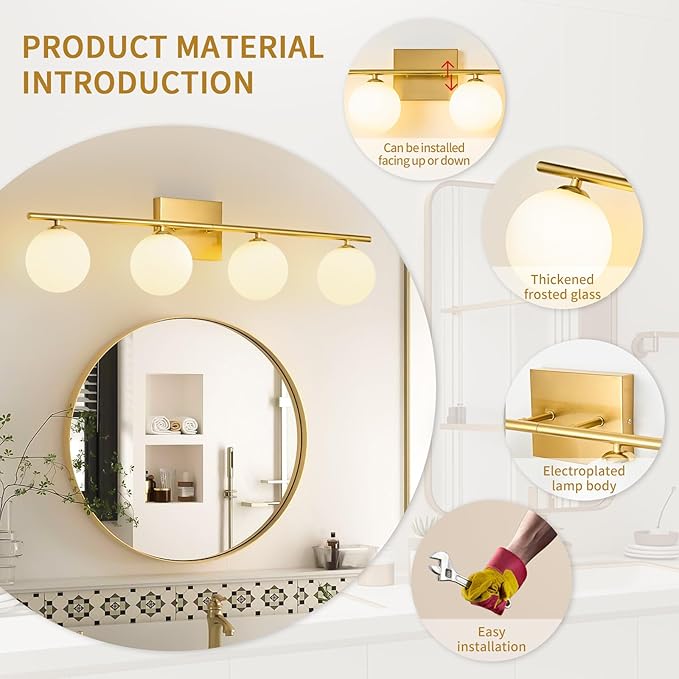 4-Light Bathroom Light Fixtures, 32" Modern Brushed Gold Vanity Lights with Milk Glass Shade, Bathroom Wall Lamp for Mirror Kitchen Living Room Hallway (G9 Bulb)