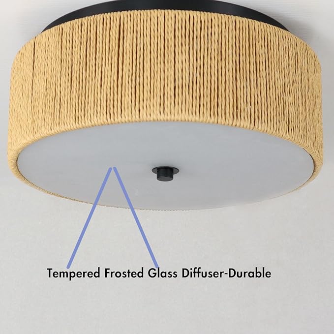 YUBOLE Woven Ceiling Light 3-Light Bohemian Flush Mount Ceiling Light with Paper Hemp Rope Drum Shade for Bedroom Hallway Bathroom Dining Room-Black & Brown