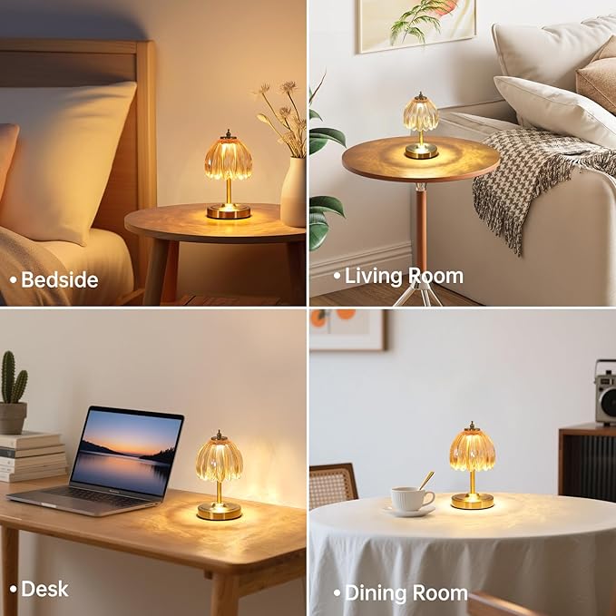 Shenmoyl Set of 2 Tulip Table Lamp with 5200mAh Battery & Touch Control, Cordless Small Table Lamp with 3 Colors, Rechargeable Battery Operated Table Lamps for Nightstand, Bedroom (Amber Tulip)