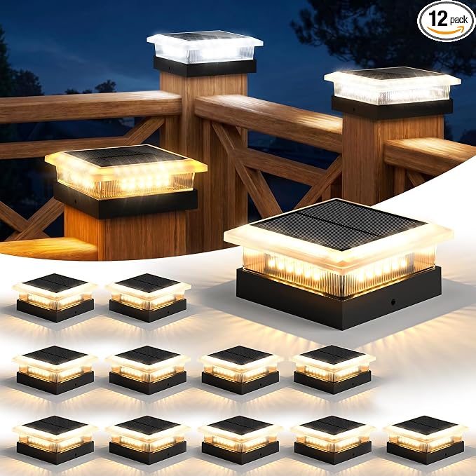 4x4 96 LED Post Solar Lights 12 Pack, 4 Lighting Modes Solar Post Cap Lights for 4x4 3.5x3.5 Wood/Vinyl Posts, Ip67 Waterproof Fence Deck Post Lights Solar Powered for Patio Porch, Black