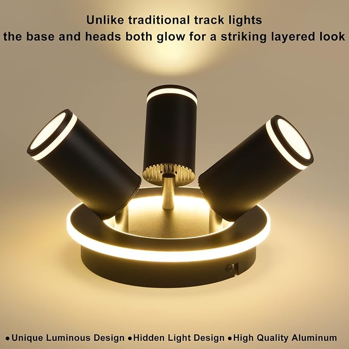 LED 3 Light Track Lighting Kit, Black Round Ceiling Spot Lighting Fixture with Flexibly Rotatable Heads, Modern Spotlight for Kitchen, Living Room, Bedroom, Dual Lighting Design,Includes 3 x GU10 Bulb