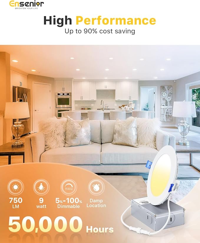 Ensenior 16 Pack 4 Inch LED Recessed Ceiling Light, Dimmable, 3000K-5000K 3CCT, 750LM 9W 120V, High Brightness Canless Wafer Downlight - ETL&FCC&IC